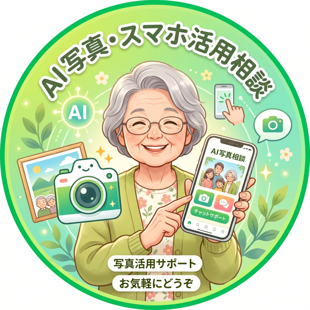 高齢女性がスマホ写真の相談をしているイメージ