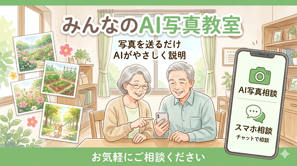 笑顔の高齢者がスマホを見ながら相談している様子